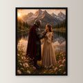 Ritter & Lady, Poster gerahmt im schwarzen Holzrahmen, gerade von vorn an heller Wand