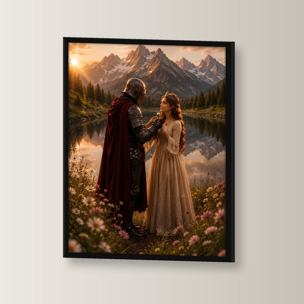 Ritter & Lady, Poster gerahmt im schwarzen Holzrahmen, leicht gedreht an der Wand fotografiert