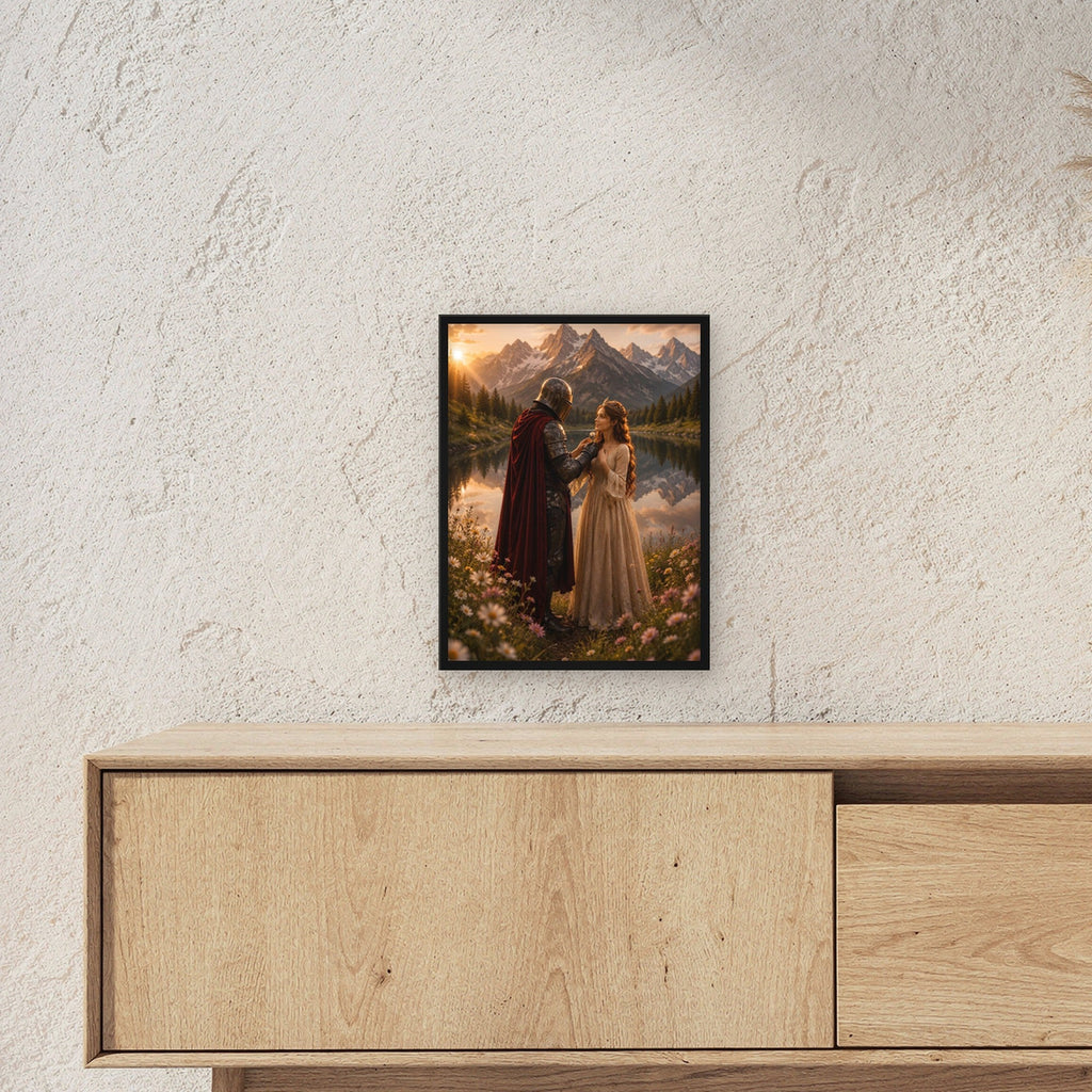 Ritter & Lady, Poster gerahmt im schwarzen Holzrahmen ueber einem Sideboard, zeigt die Groesse im Raum