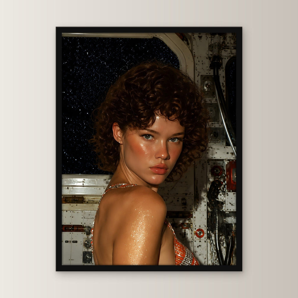 Fantasy Poster gerahmt im schwarzen Holzrahmen, gerade von vorn an heller Wand