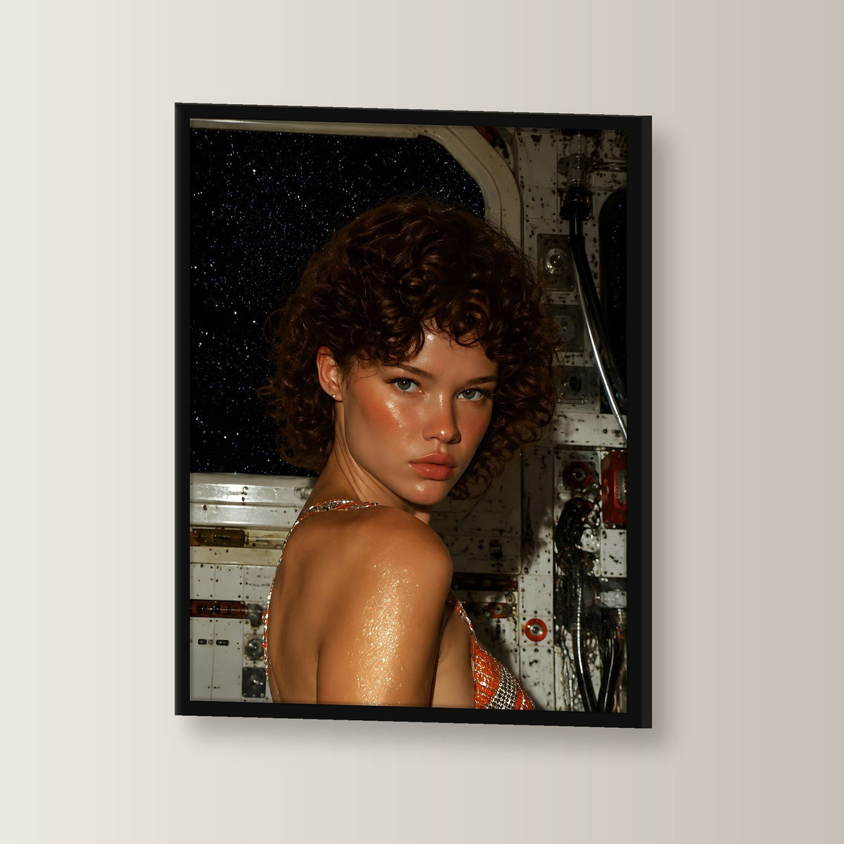 Fantasy Poster gerahmt im schwarzen Holzrahmen, leicht gedreht an der Wand fotografiert