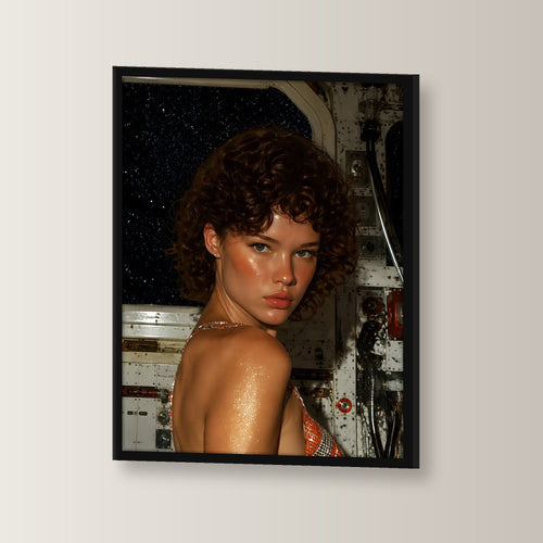 Fantasy Poster gerahmt im schwarzen Holzrahmen, leicht gedreht an der Wand fotografiert