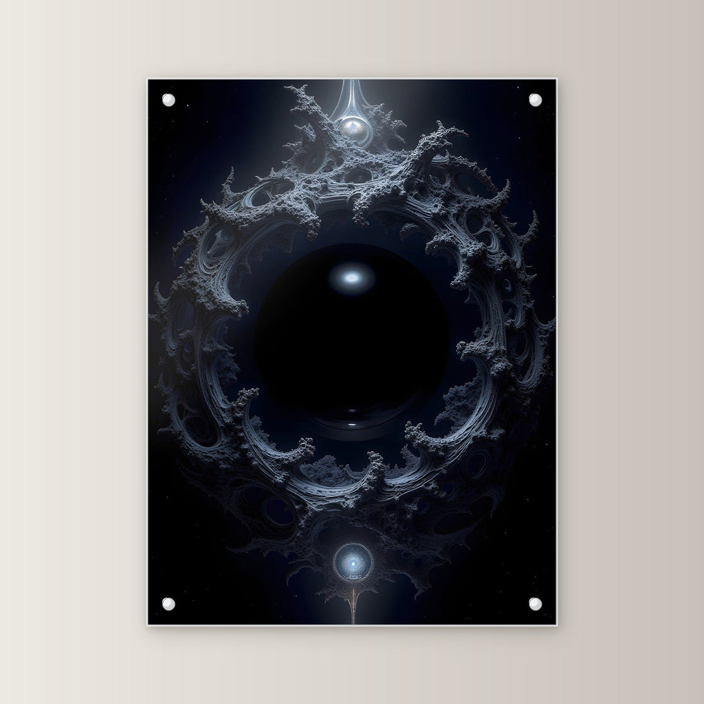 Dunkles Portal aus Ranken im Nichts, Surreales Acrylglasbild auf Acrylglas mit Edelstahl-Abstandshaltern, gerade von vorn an heller Wand