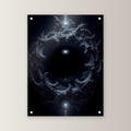 Dunkles Portal aus Ranken im Nichts, Surreales Acrylglasbild auf Acrylglas mit Edelstahl-Abstandshaltern, gerade von vorn an heller Wand