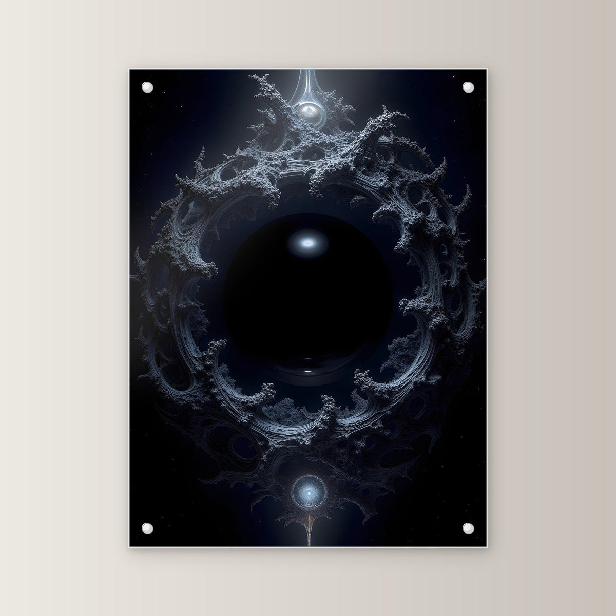 Dunkles Portal aus Ranken im Nichts, Surreales Acrylglasbild auf Acrylglas mit Edelstahl-Abstandshaltern, gerade von vorn an heller Wand