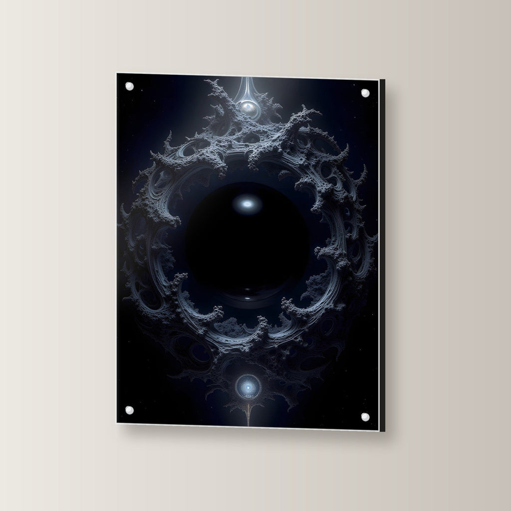Dunkles Portal aus Ranken im Nichts, Surreales Acrylglasbild auf Acrylglas mit Edelstahl-Abstandshaltern, leicht gedreht an der Wand fotografiert