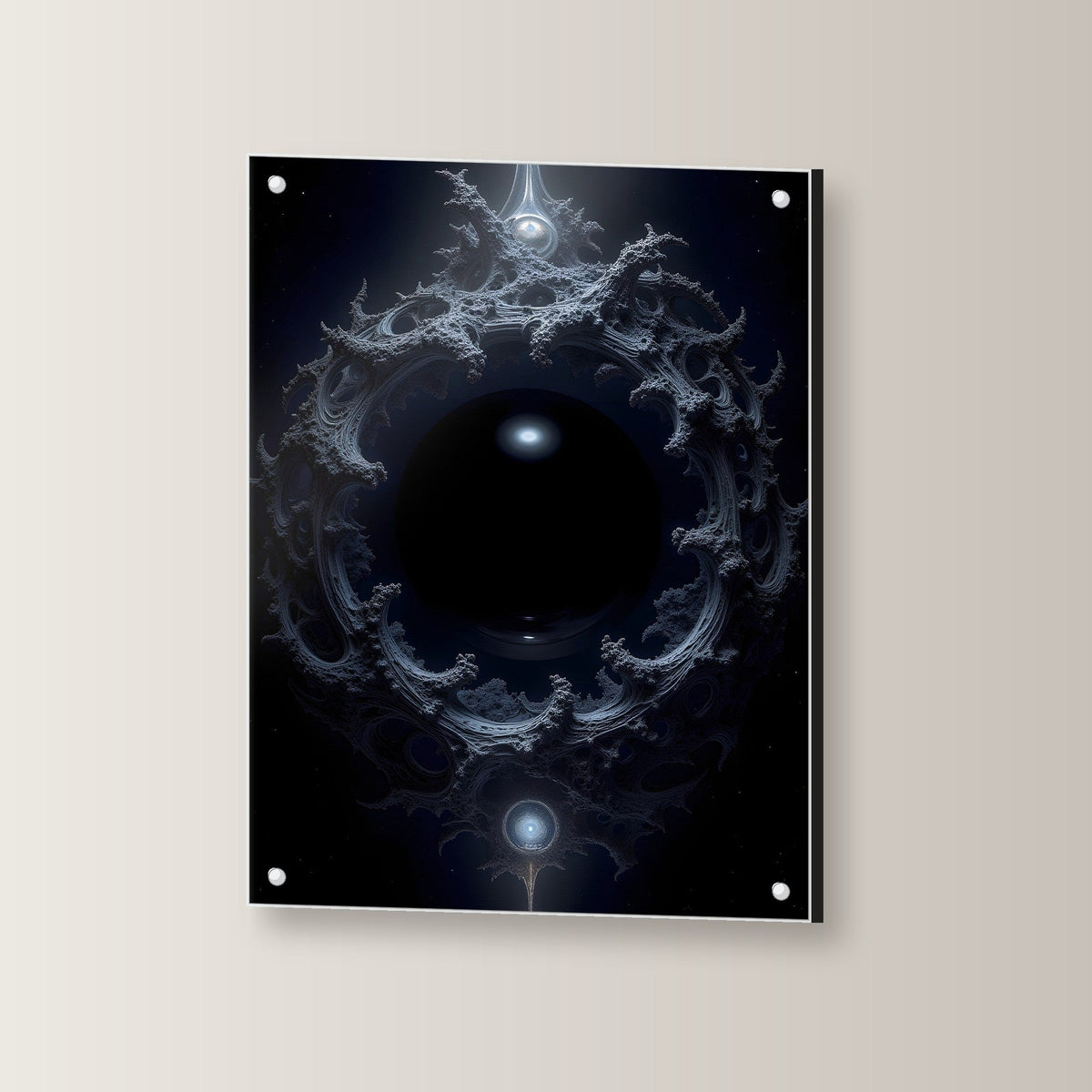 Dunkles Portal aus Ranken im Nichts, Surreales Acrylglasbild auf Acrylglas mit Edelstahl-Abstandshaltern, leicht gedreht an der Wand fotografiert