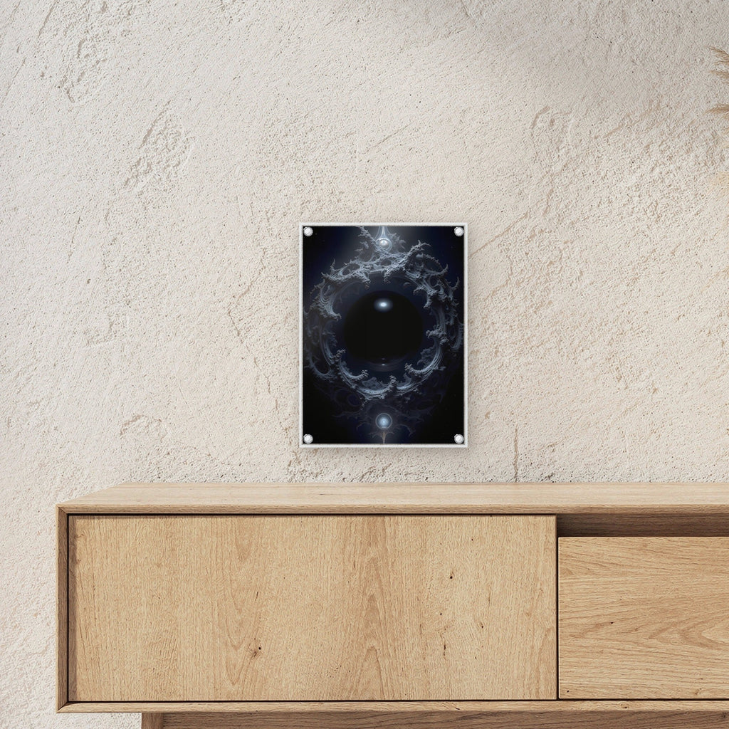 Dunkles Portal aus Ranken im Nichts, Surreales Acrylglasbild auf Acrylglas mit Edelstahl-Abstandshaltern ueber einem Sideboard, zeigt die Groesse im Raum