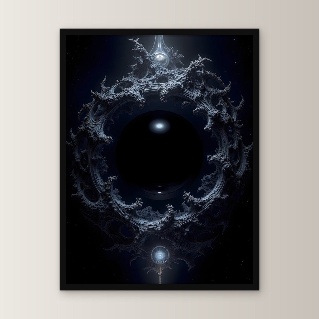 Dunkles Portal aus Ranken im Nichts, Surreales Wandbild gerahmt im schwarzen Holzrahmen, gerade von vorn an heller Wand