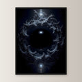 Dunkles Portal aus Ranken im Nichts, Surreales Wandbild gerahmt im schwarzen Holzrahmen, gerade von vorn an heller Wand