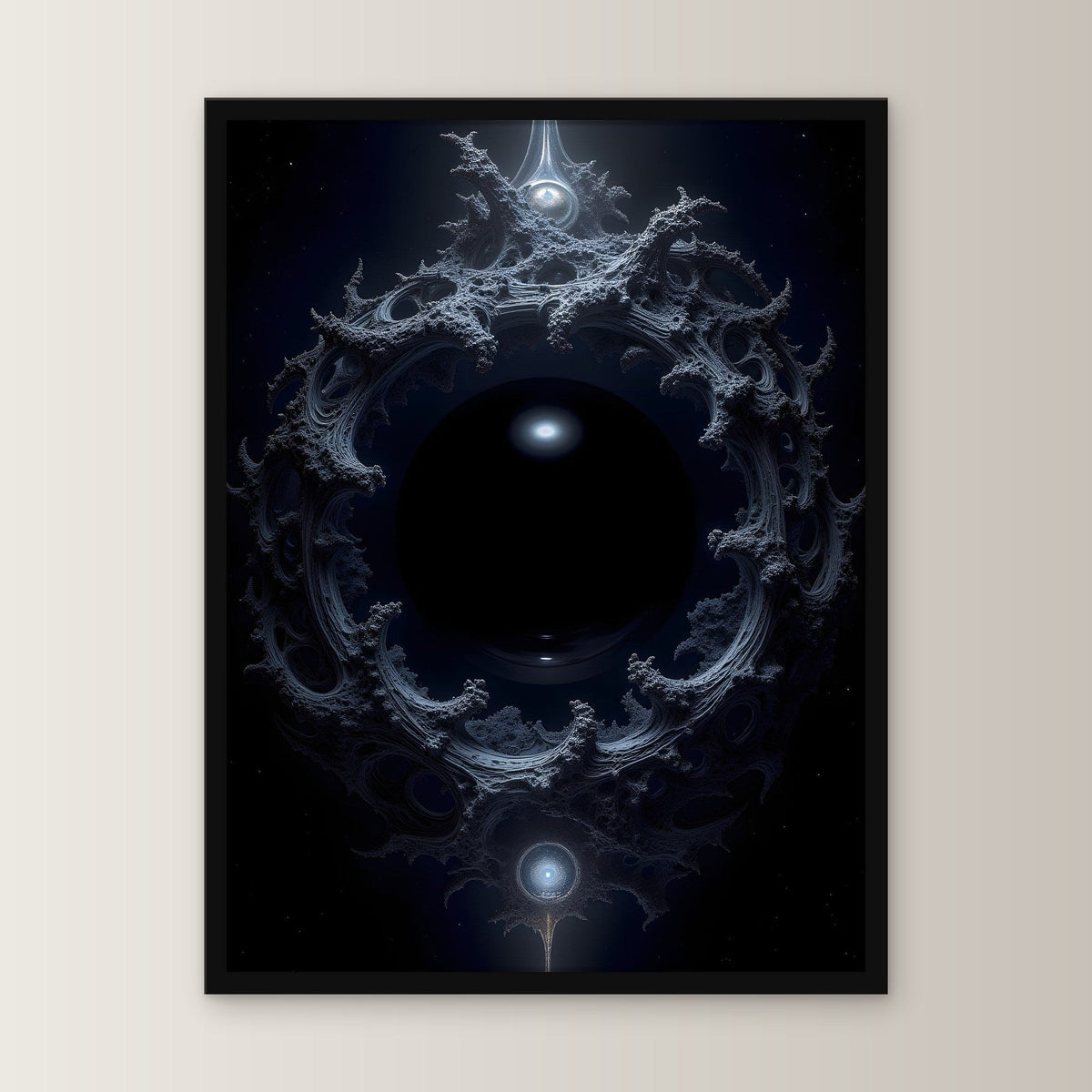Dunkles Portal aus Ranken im Nichts, Surreales Wandbild gerahmt im schwarzen Holzrahmen, gerade von vorn an heller Wand