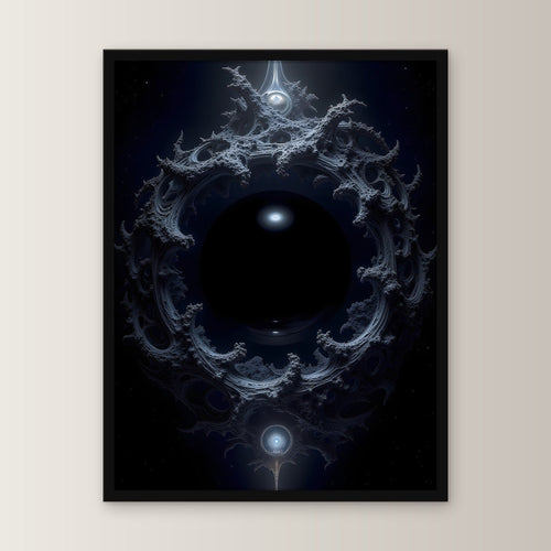 Dunkles Portal aus Ranken im Nichts, Surreales Wandbild gerahmt im schwarzen Holzrahmen, gerade von vorn an heller Wand