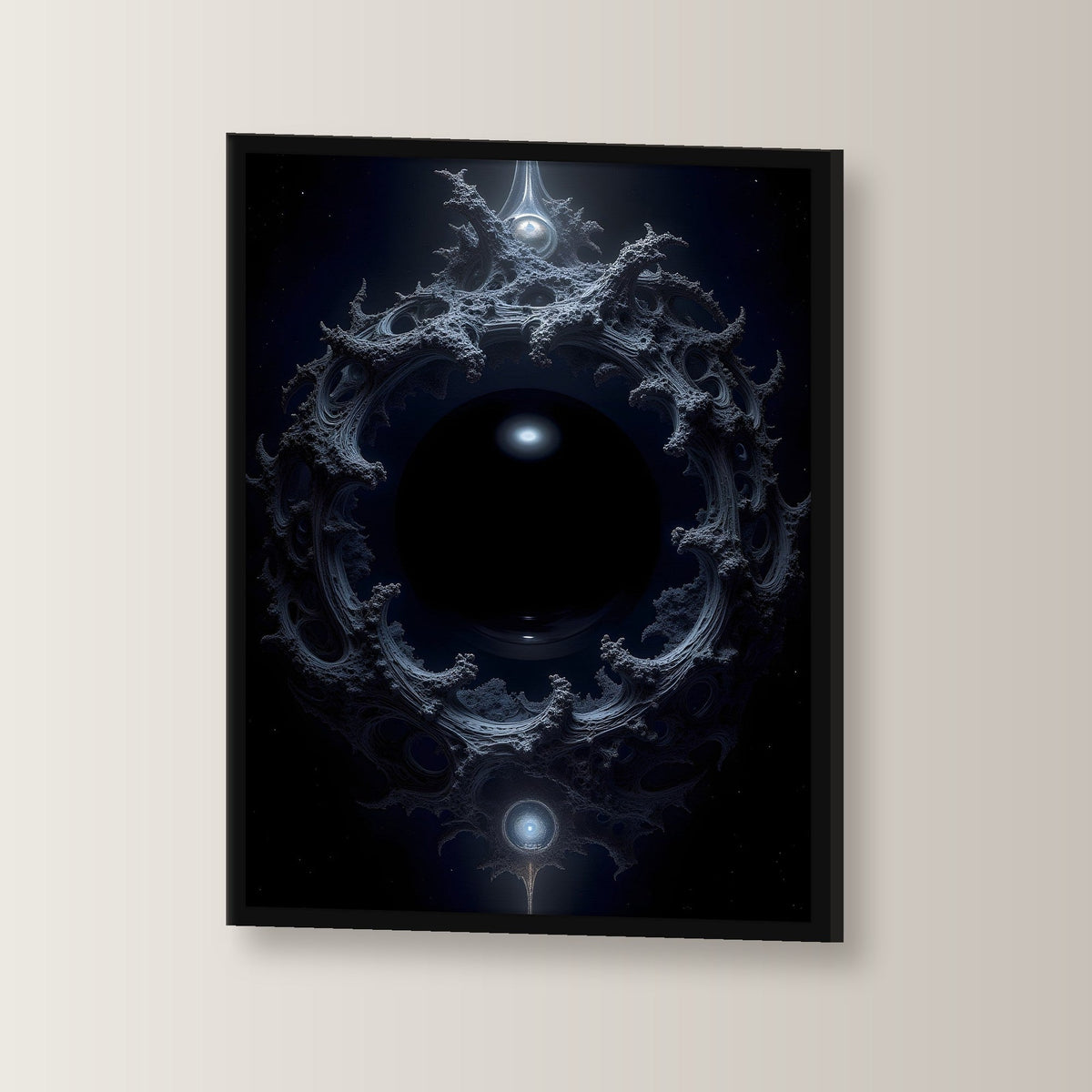 Dunkles Portal aus Ranken im Nichts, Surreales Wandbild gerahmt im schwarzen Holzrahmen, leicht gedreht an der Wand fotografiert