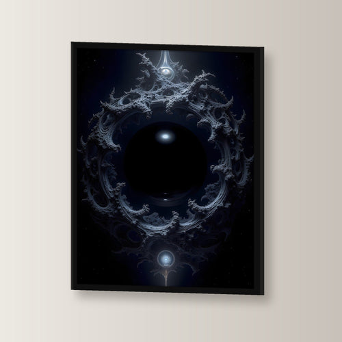 Dunkles Portal aus Ranken im Nichts, Surreales Wandbild gerahmt im schwarzen Holzrahmen, leicht gedreht an der Wand fotografiert