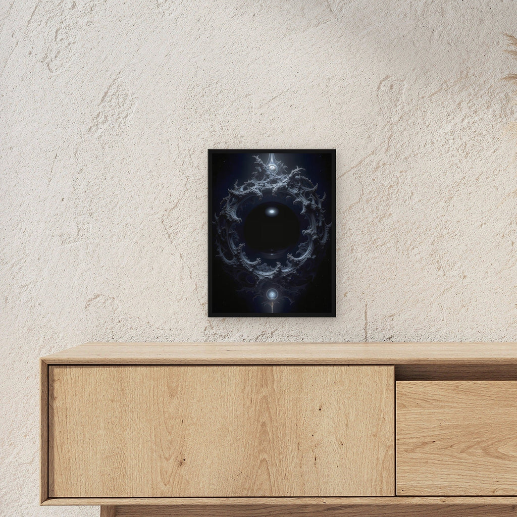 Dunkles Portal aus Ranken im Nichts, Surreales Wandbild gerahmt im schwarzen Holzrahmen ueber einem Sideboard, zeigt die Groesse im Raum