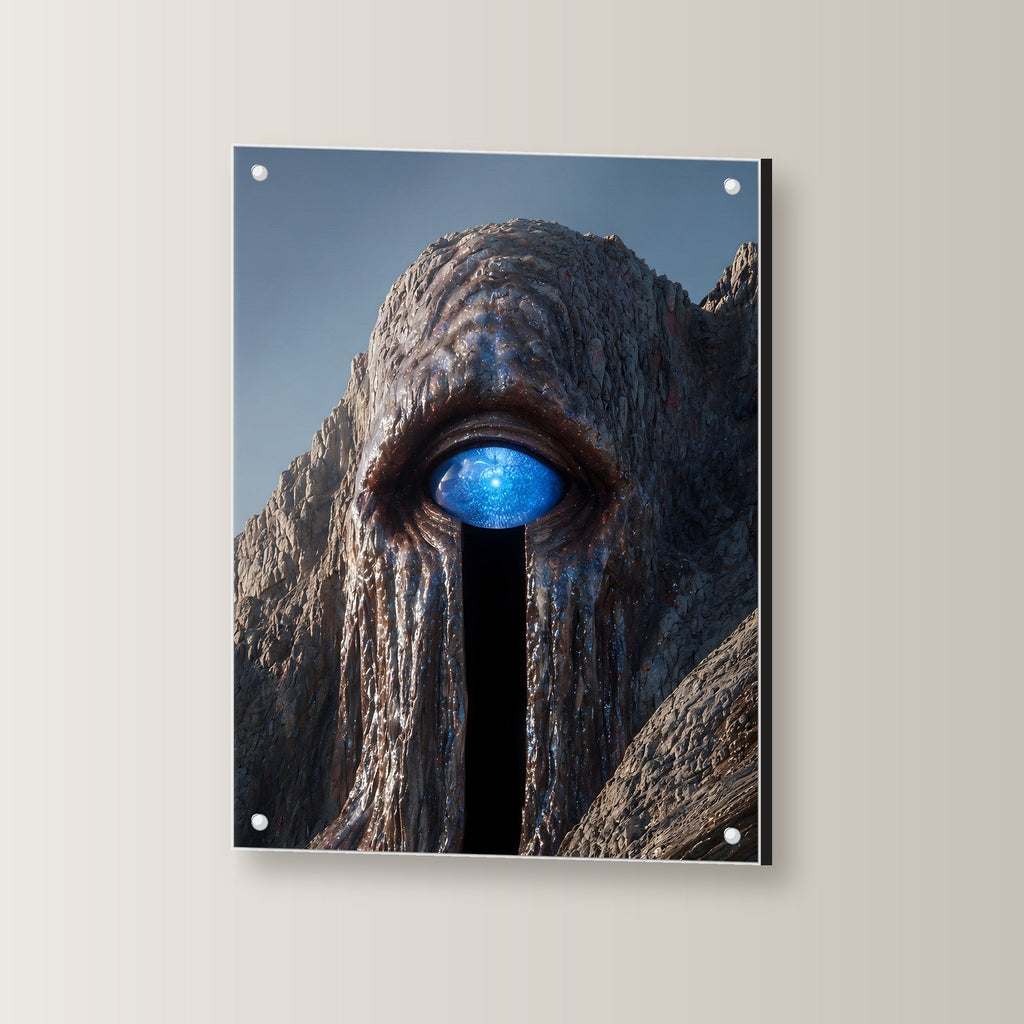 Surreal Acrylglasbild auf Acrylglas mit Edelstahl-Abstandshaltern, leicht gedreht an der Wand fotografiert