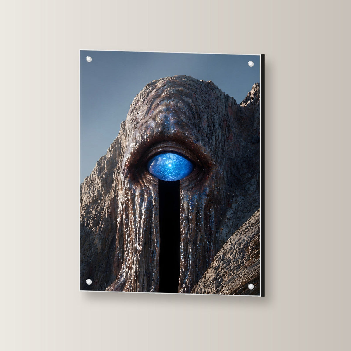 Surreal Acrylglasbild auf Acrylglas mit Edelstahl-Abstandshaltern, leicht gedreht an der Wand fotografiert