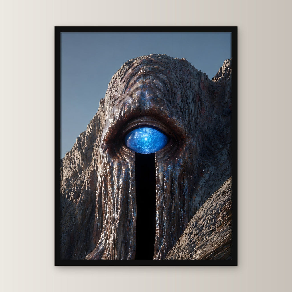 Surreal Poster gerahmt im schwarzen Holzrahmen, gerade von vorn an heller Wand