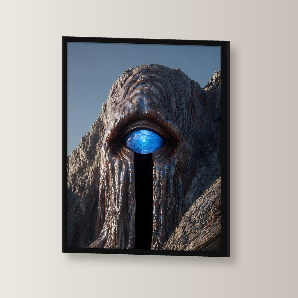 Surreal Poster gerahmt im schwarzen Holzrahmen, leicht gedreht an der Wand fotografiert