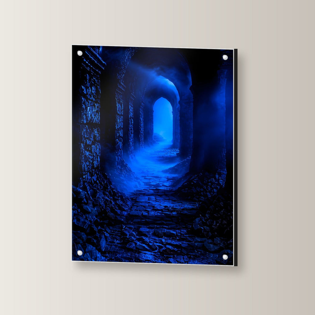 Dark-Fantasy Acrylglasbild auf Acrylglas mit Edelstahl-Abstandshaltern, leicht gedreht an der Wand fotografiert