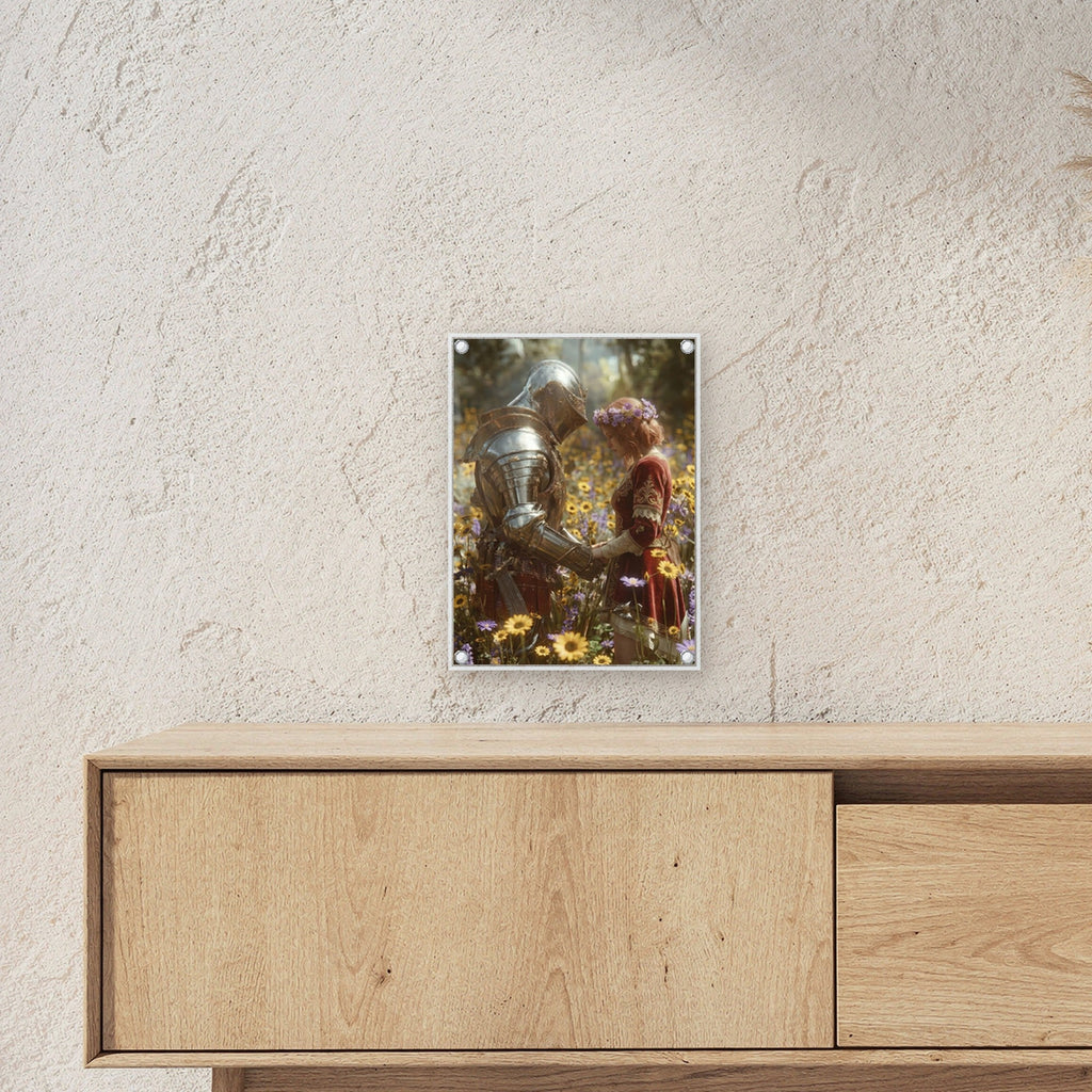 Dark-Fantasy Acrylglasbild auf Acrylglas mit Edelstahl-Abstandshaltern ueber einem Sideboard, zeigt die Groesse im Raum