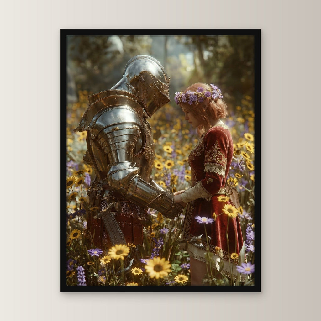 Dark-Fantasy Poster gerahmt im schwarzen Holzrahmen, gerade von vorn an heller Wand