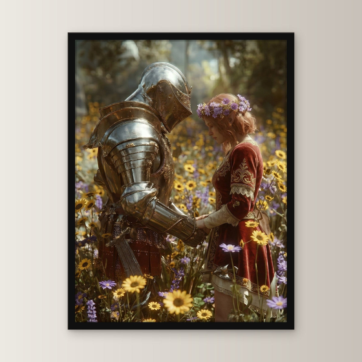 Dark-Fantasy Poster gerahmt im schwarzen Holzrahmen, gerade von vorn an heller Wand