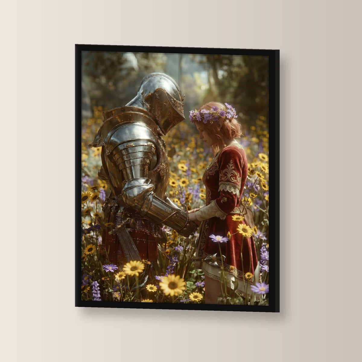 Dark-Fantasy Poster gerahmt im schwarzen Holzrahmen, leicht gedreht an der Wand fotografiert