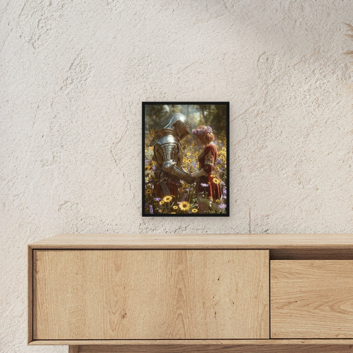 Dark-Fantasy Poster gerahmt im schwarzen Holzrahmen ueber einem Sideboard, zeigt die Groesse im Raum