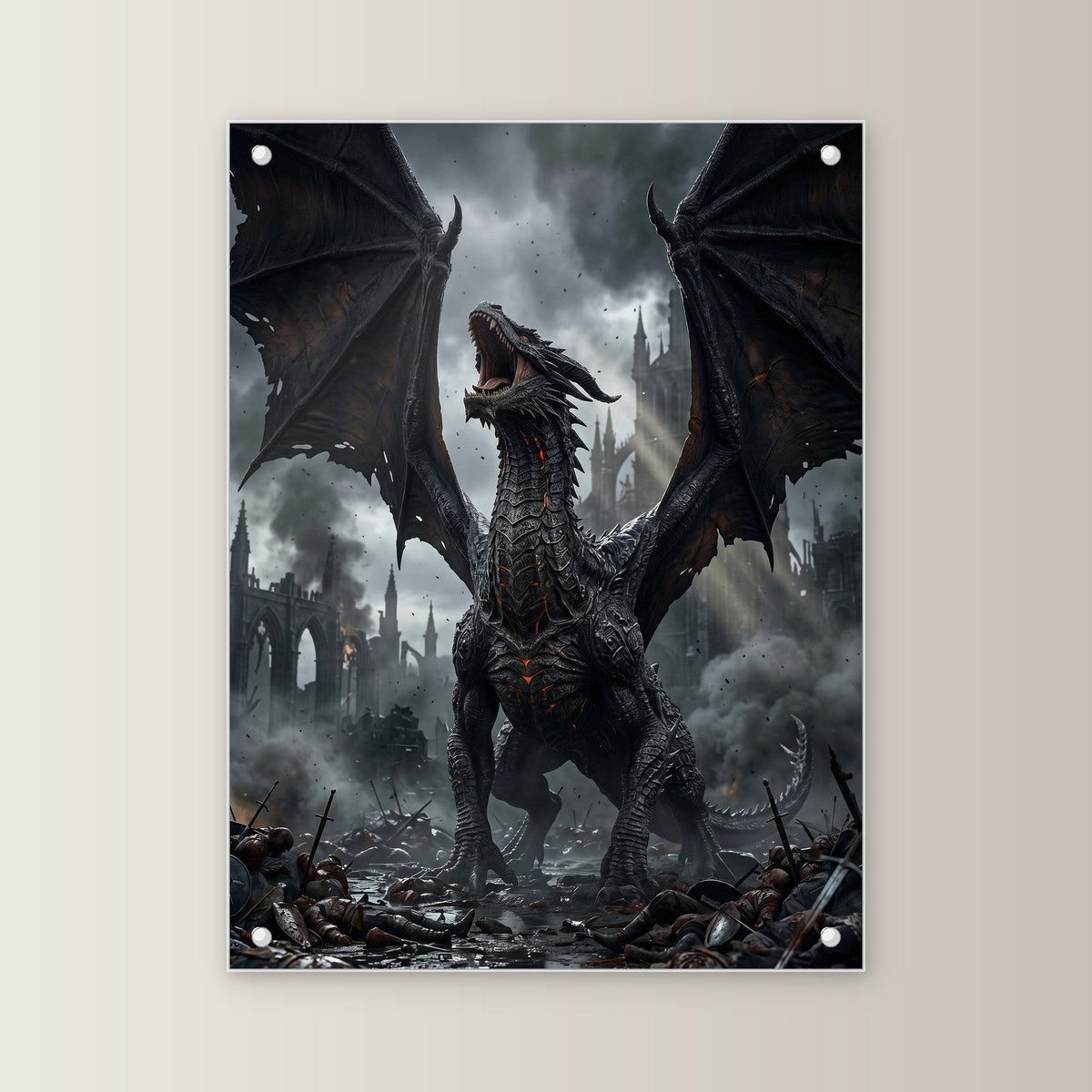 Dark Fantasy Wandbild Acrylglas | Deko auf Acrylglas mit Edelstahl-Abstandshaltern, gerade von vorn an heller Wand