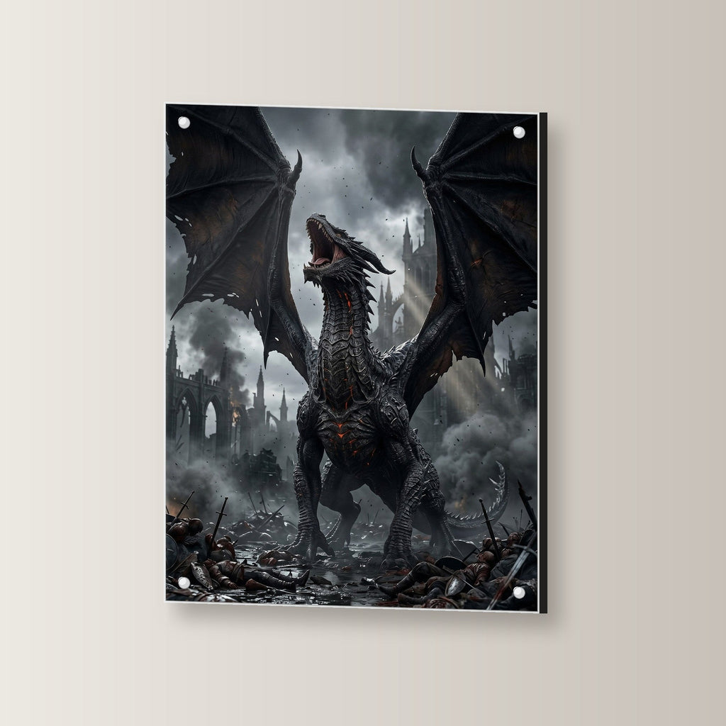 Dark Fantasy Wandbild Acrylglas | Deko auf Acrylglas mit Edelstahl-Abstandshaltern, leicht gedreht an der Wand fotografiert
