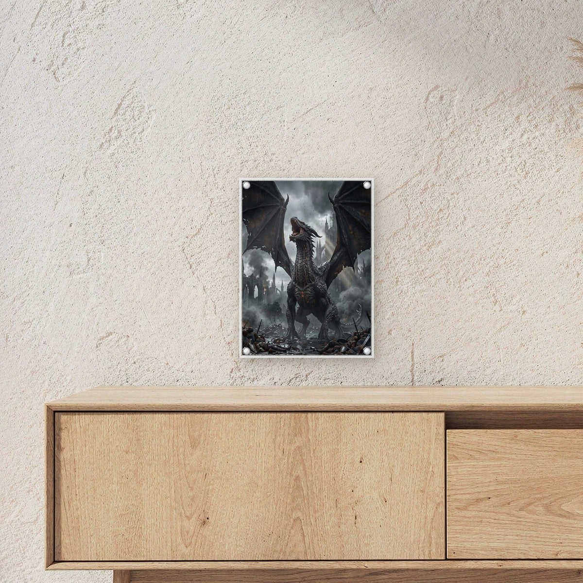 Dark Fantasy Wandbild Acrylglas | Deko auf Acrylglas mit Edelstahl-Abstandshaltern ueber einem Sideboard, zeigt die Groesse im Raum