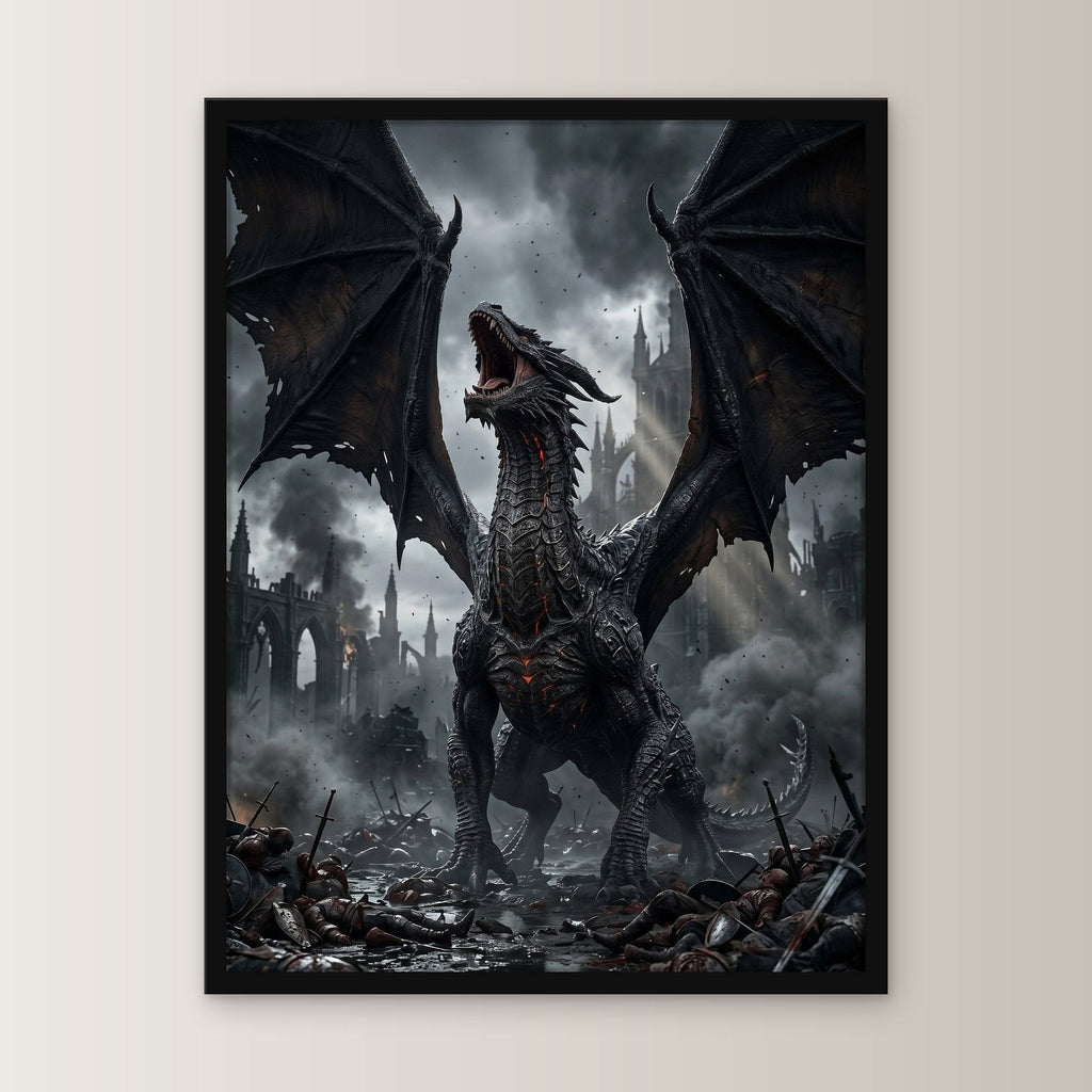 Dark Fantasy Wandbild gerahmt | Poster im schwarzen Holzrahmen, gerade von vorn an heller Wand