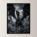 Dark Fantasy Wandbild gerahmt | Poster im schwarzen Holzrahmen, gerade von vorn an heller Wand