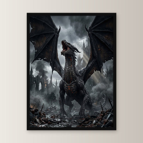 Dark Fantasy Wandbild gerahmt | Poster im schwarzen Holzrahmen, gerade von vorn an heller Wand