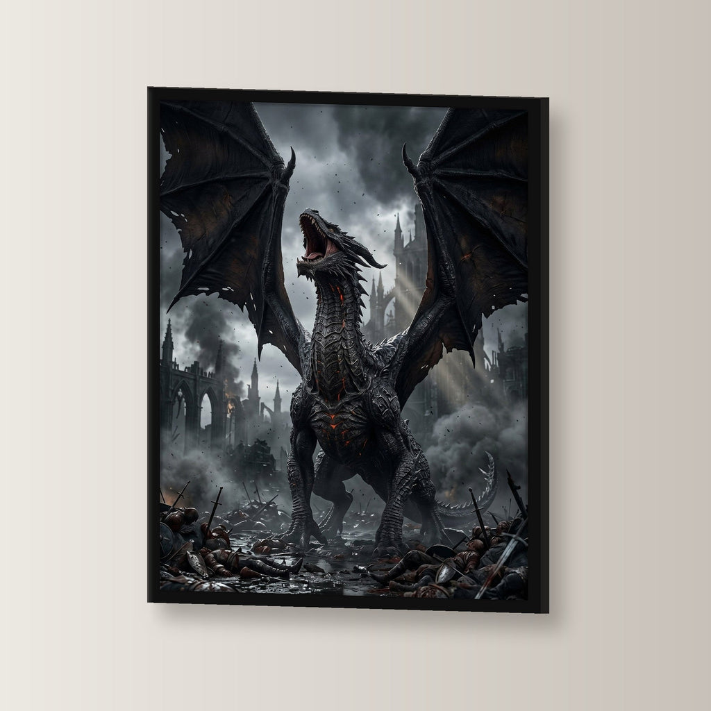 Dark Fantasy Wandbild gerahmt | Poster im schwarzen Holzrahmen, leicht gedreht an der Wand fotografiert