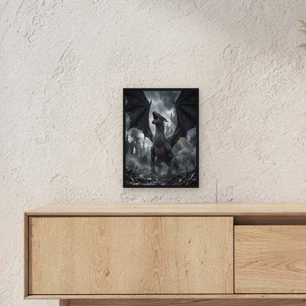 Dark Fantasy Wandbild gerahmt | Poster im schwarzen Holzrahmen ueber einem Sideboard, zeigt die Groesse im Raum