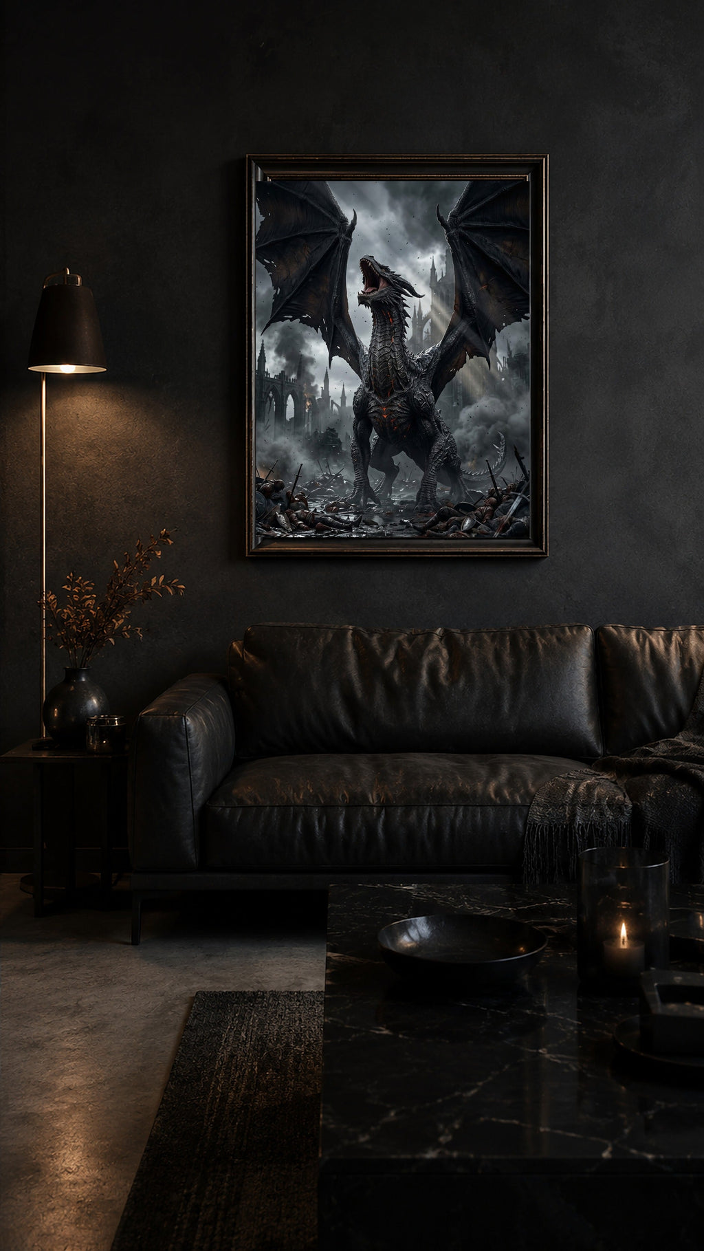 Das Erwachen des Schwarzen Drachen – Dark-Fantasy-Wandbild im Raum | Fantasywand