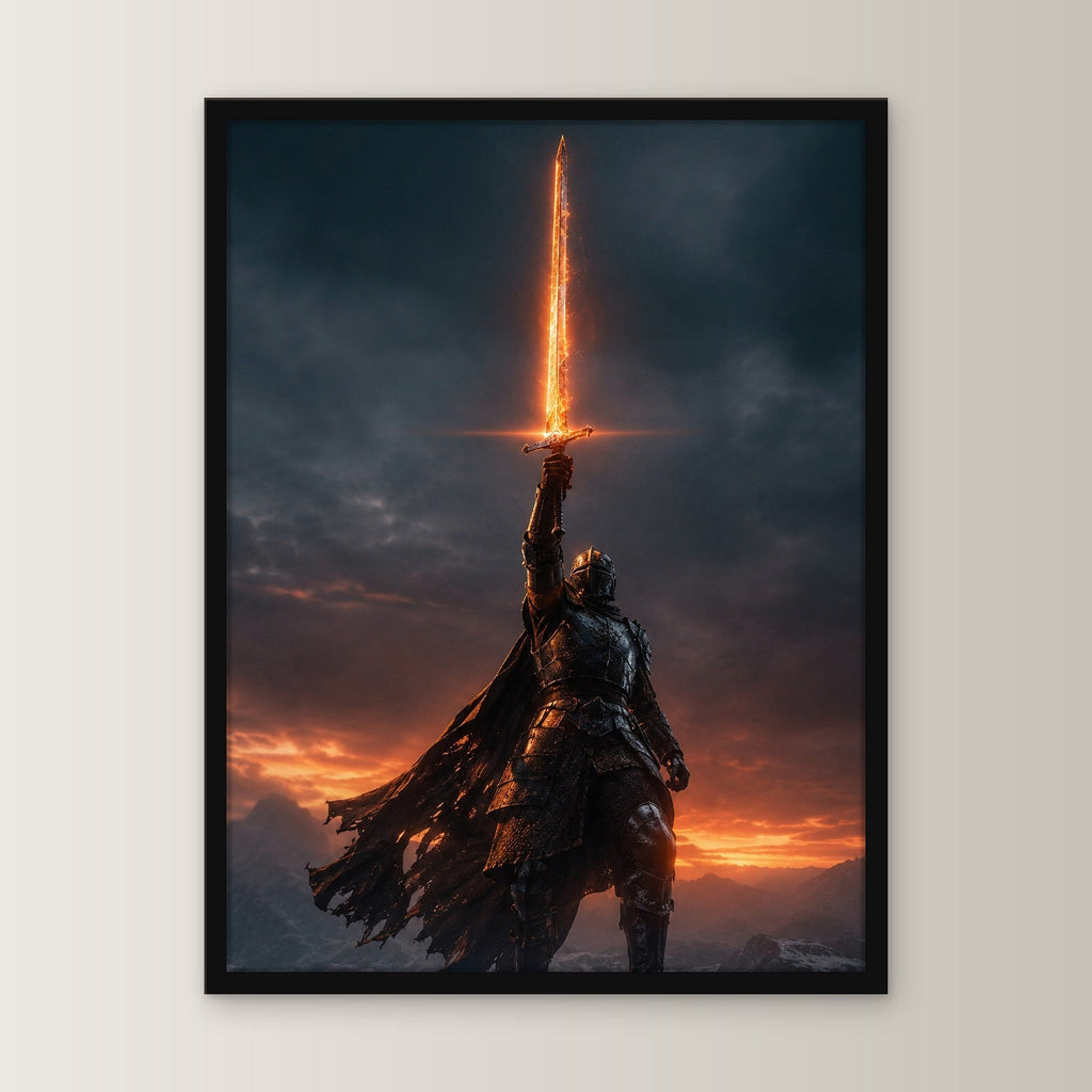 Fantasy Poster gerahmt im schwarzen Holzrahmen, gerade von vorn an heller Wand