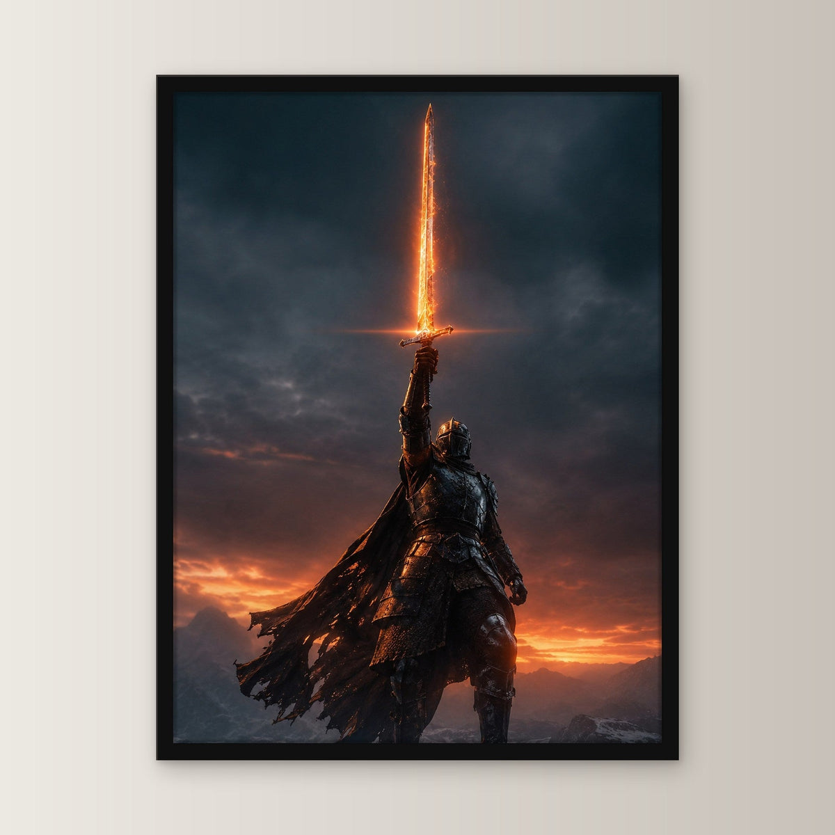 Fantasy Poster gerahmt im schwarzen Holzrahmen, gerade von vorn an heller Wand