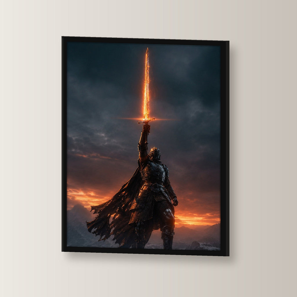 Fantasy Poster gerahmt im schwarzen Holzrahmen, leicht gedreht an der Wand fotografiert