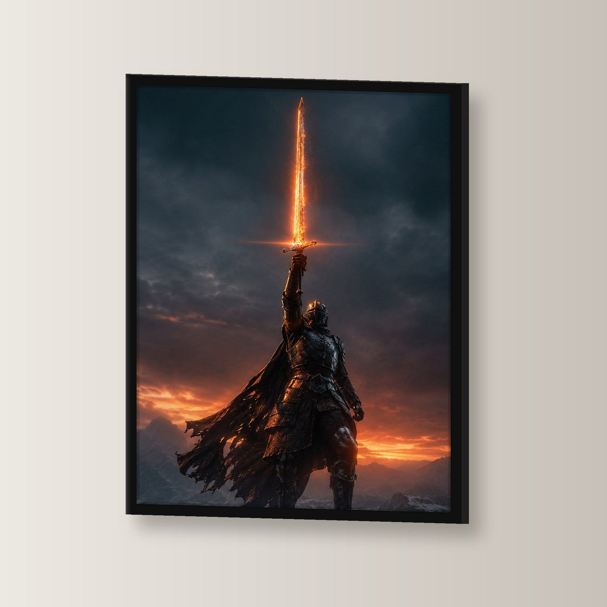 Fantasy Poster gerahmt im schwarzen Holzrahmen, leicht gedreht an der Wand fotografiert