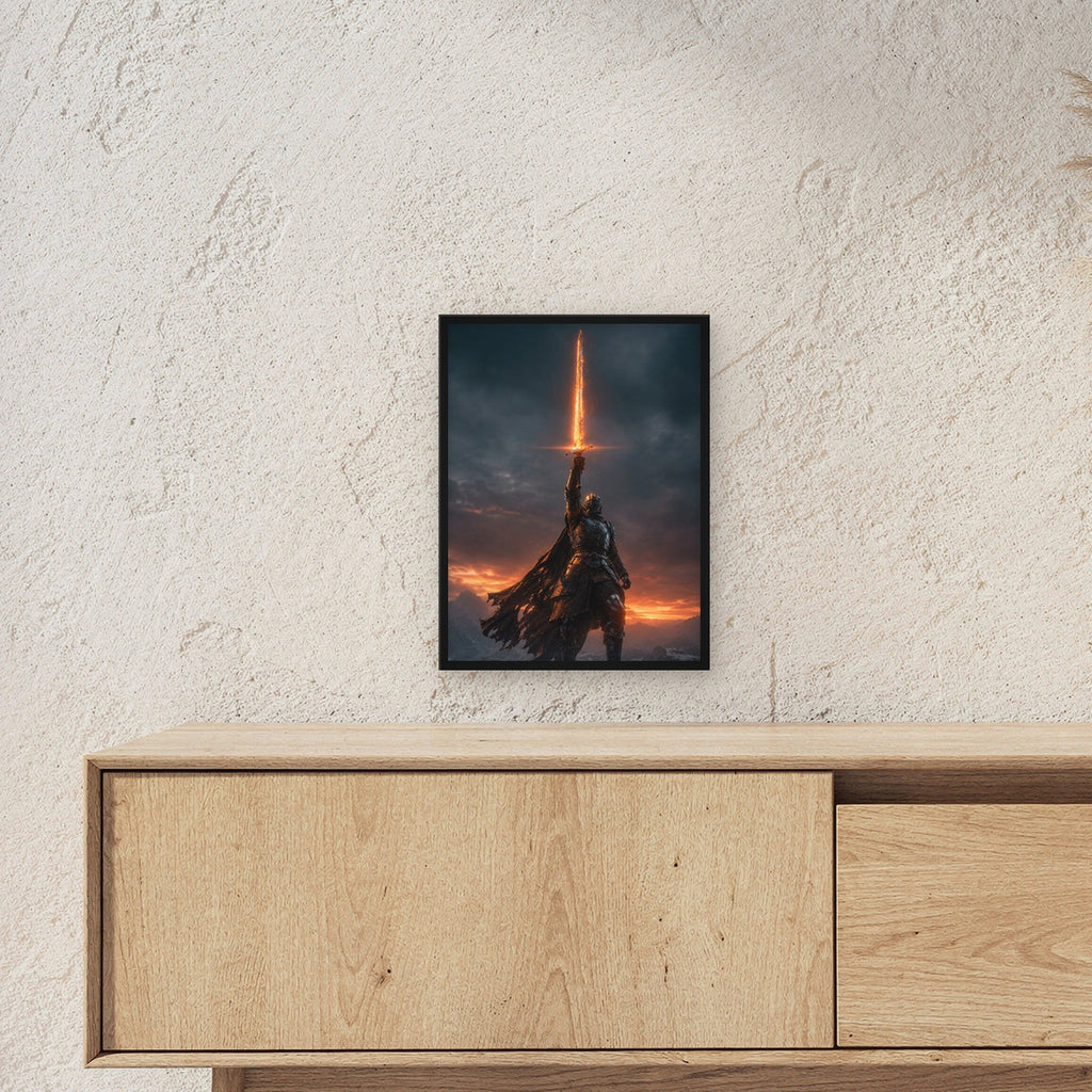 Fantasy Poster gerahmt im schwarzen Holzrahmen ueber einem Sideboard, zeigt die Groesse im Raum