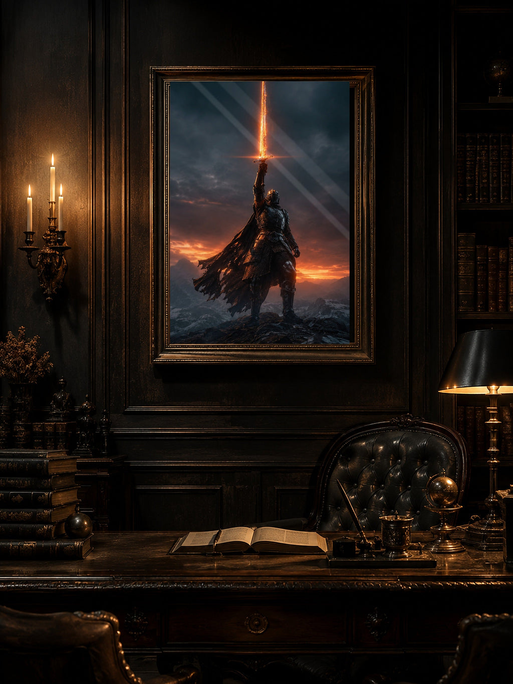 Das Flammenschwert – gerahmtes Dark-Fantasy-Wandbild im Raum | Fantasywand