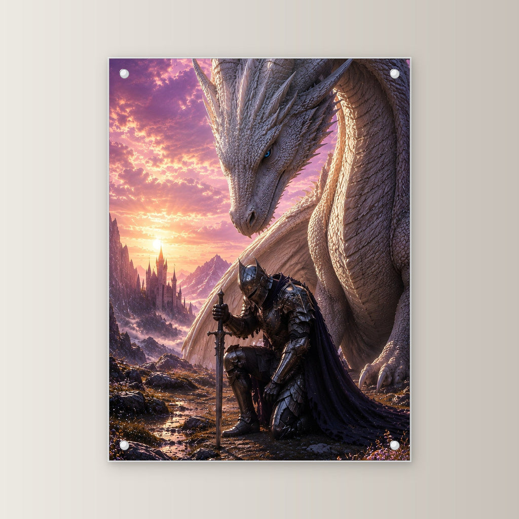 Ritter kniet vor dem weißen Drachen im Abendrot, Dark Fantasy Acrylglasbild auf Acrylglas mit Edelstahl-Abstandshaltern, gerade von vorn an heller Wand