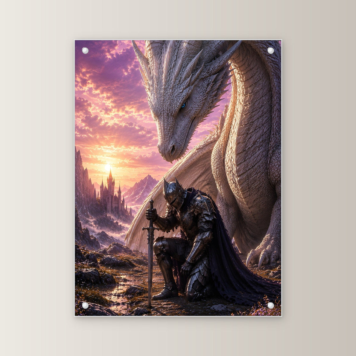 Ritter kniet vor dem weißen Drachen im Abendrot, Dark Fantasy Acrylglasbild auf Acrylglas mit Edelstahl-Abstandshaltern, gerade von vorn an heller Wand