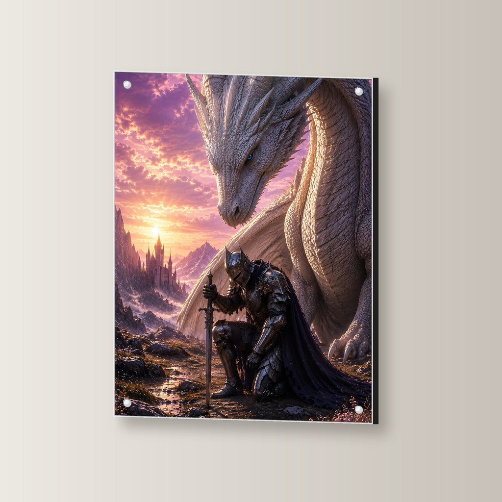 Ritter kniet vor dem weißen Drachen im Abendrot, Dark Fantasy Acrylglasbild auf Acrylglas mit Edelstahl-Abstandshaltern, leicht gedreht an der Wand fotografiert
