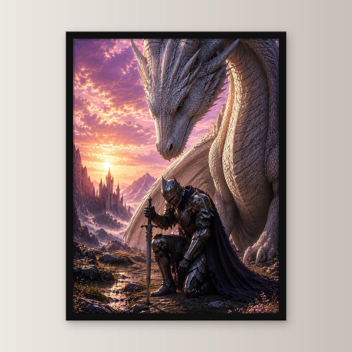 Ritter kniet vor dem weißen Drachen im Abendrot, Fantasy Wandbild gerahmt im schwarzen Holzrahmen, gerade von vorn an heller Wand