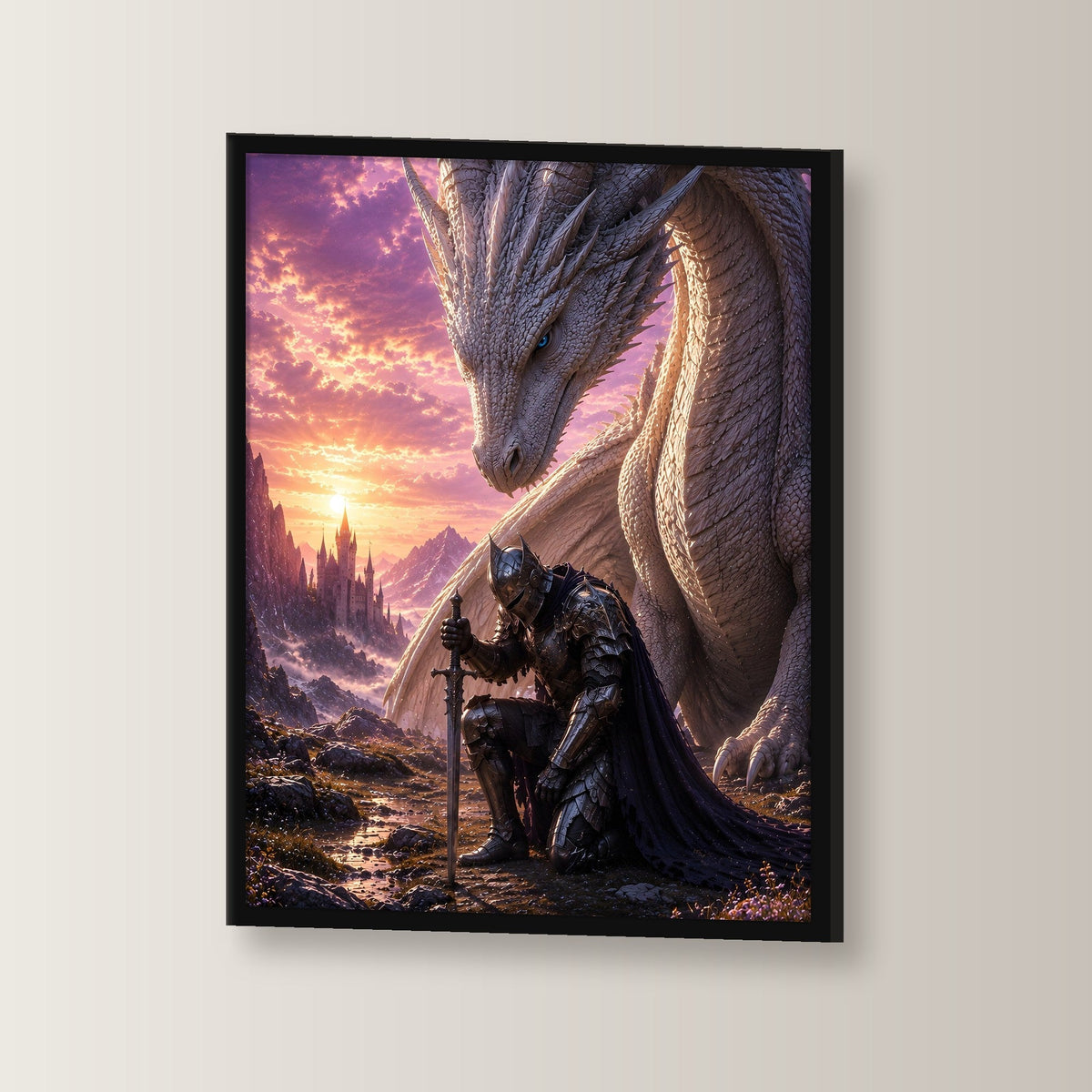 Ritter kniet vor dem weißen Drachen im Abendrot, Fantasy Wandbild gerahmt im schwarzen Holzrahmen, leicht gedreht an der Wand fotografiert