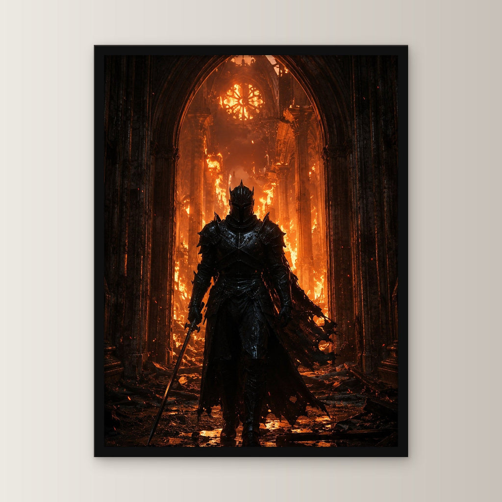 Dark-Fantasy Poster gerahmt im schwarzen Holzrahmen, gerade von vorn an heller Wand